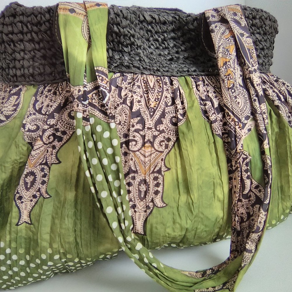 Boho Print Fabric & Straw Weave Tote Bag